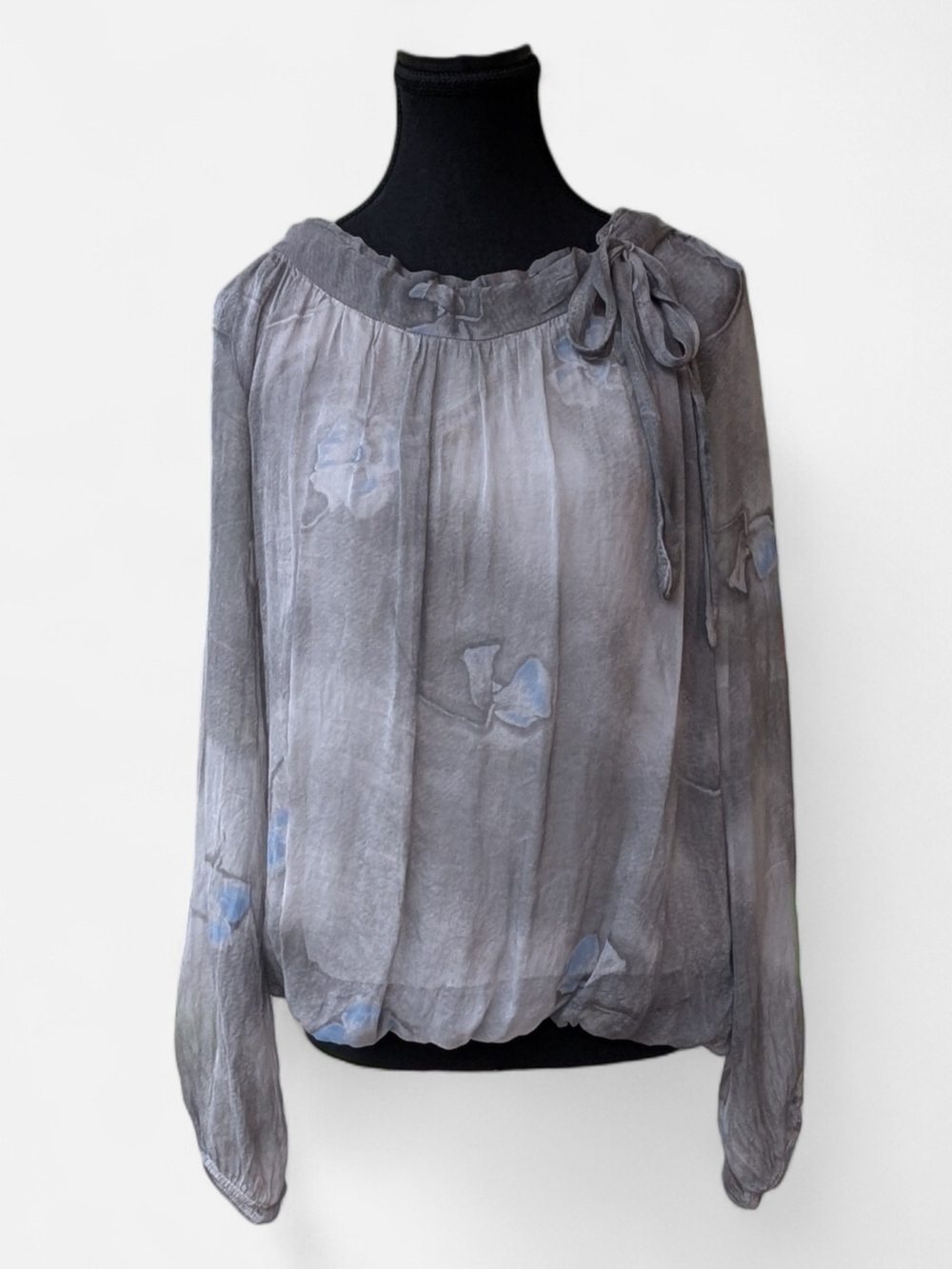 Women's Gray Sheer Tie-Neck Blouse